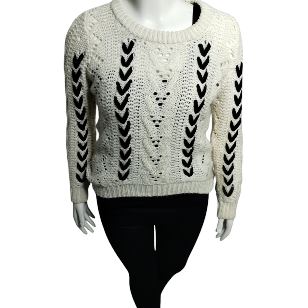 Alya Oversized Chunky Crochet Cable Knit Ivory Crew Sweater Lace Detail Women‎ S - Picture 2 of 7